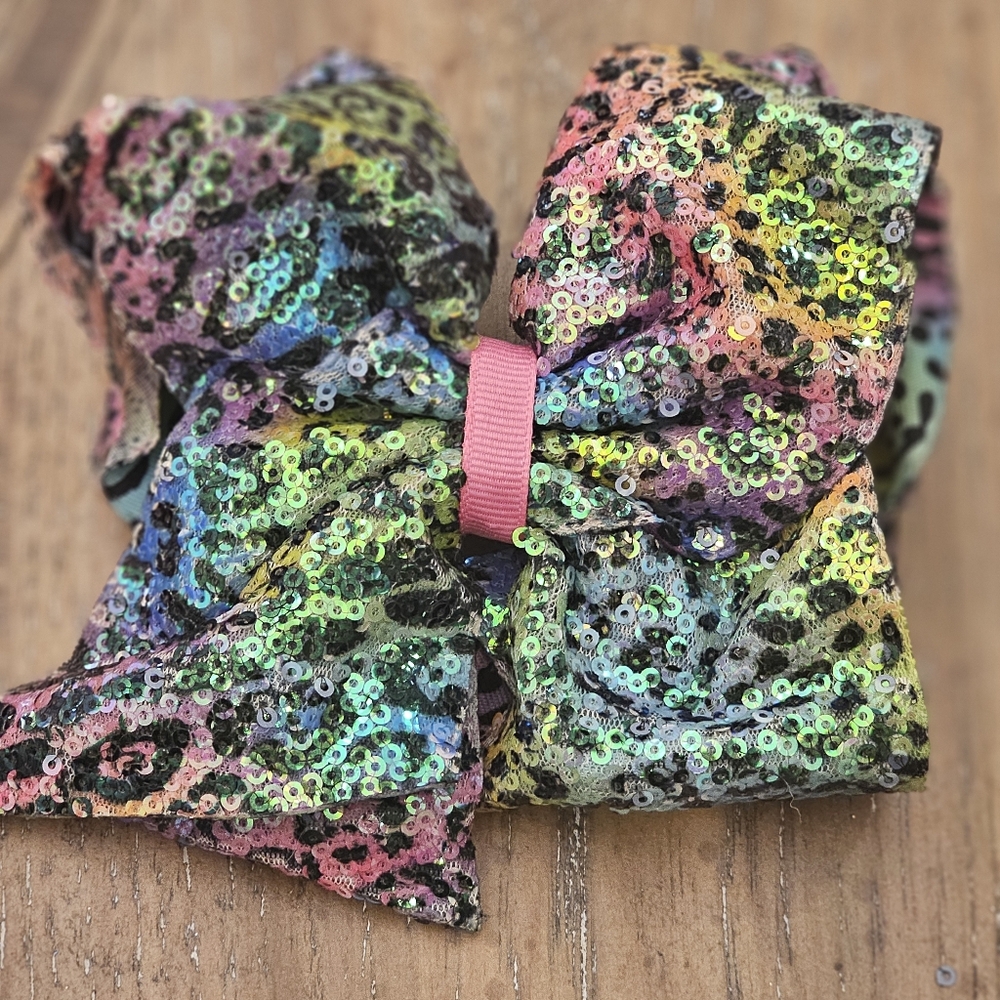Girls Wee Ones Rainbow Animal Leopard Print Sequin Hair bow